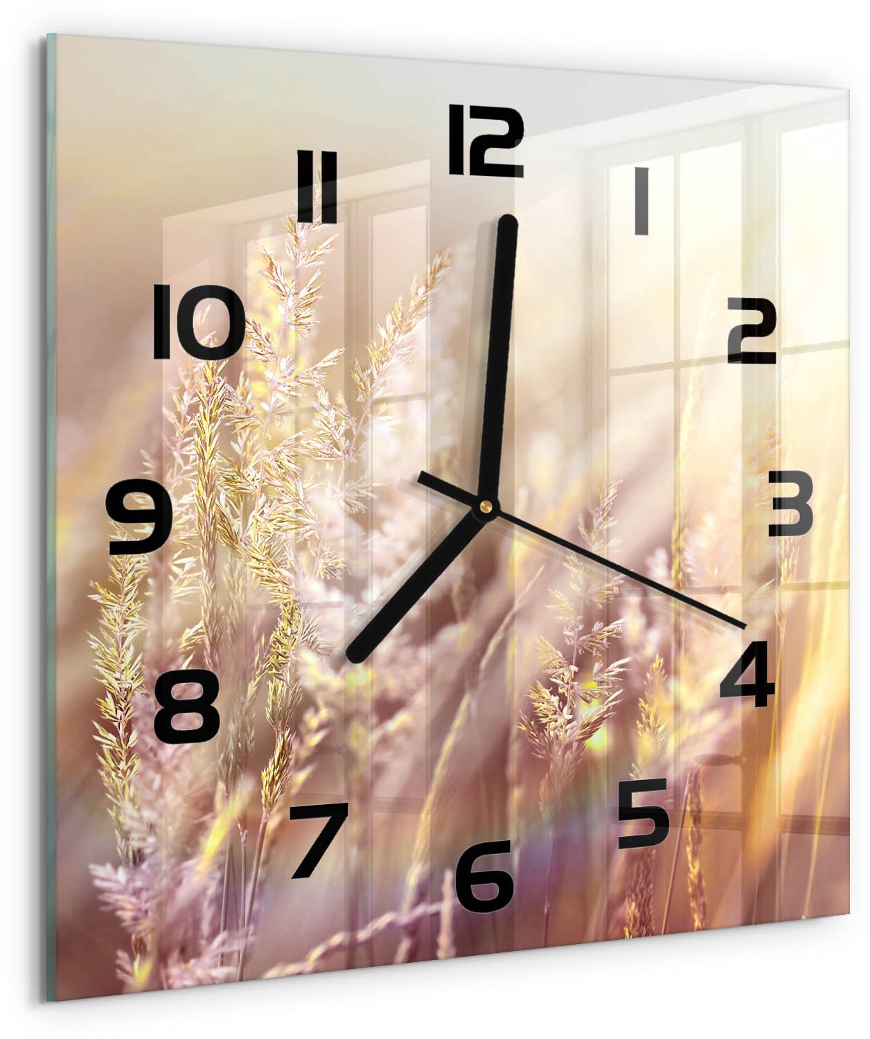 TULUP Wandklok - Hoog gras Glazen Wandklok Design - 30x30 cm - Beige Klok Glas Met Opdruk - Zwarte handen - Vierkante Klok - Wandklok Glas Met Motief - Decoratieve Glazen Klok
