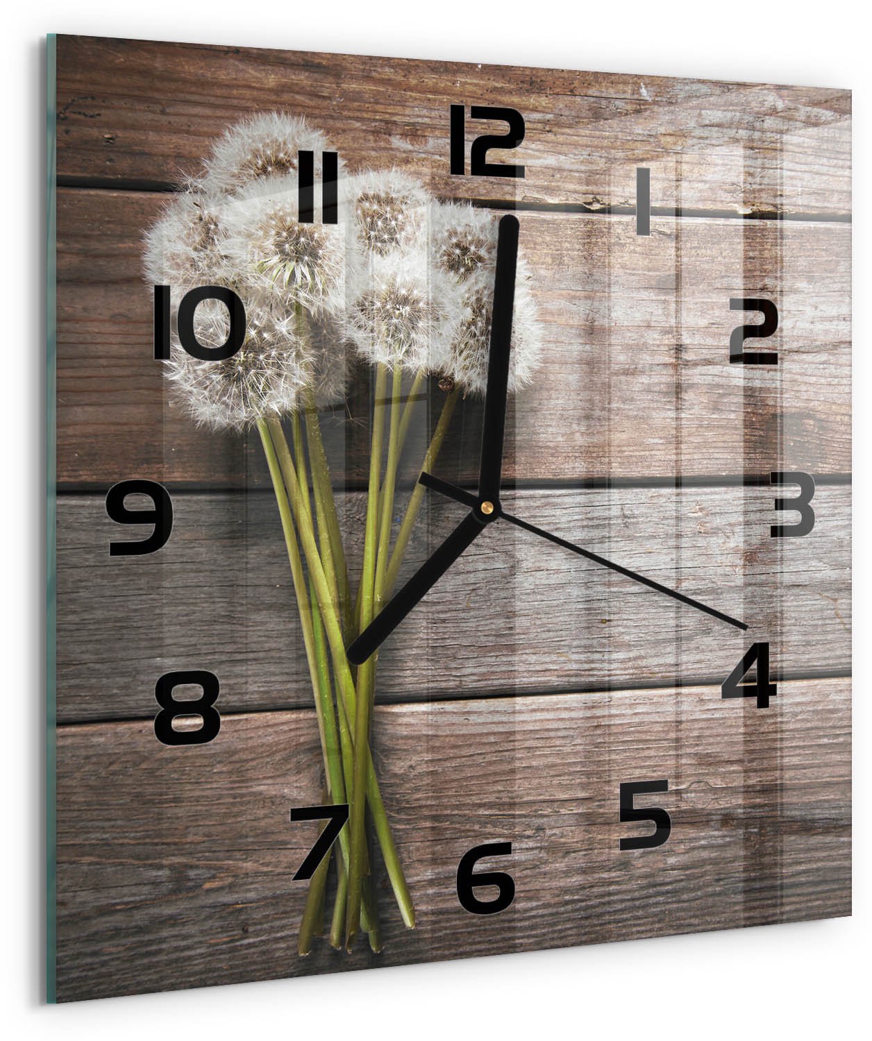 TULUP Wandklok - Paardenbloemhout Gekleurde Glazen Klok - 30x30 cm - Bruin Glazen Klok Met Print - Zwarte handen - Vierkante Klok - Moderne Wandklok Glas - Wandklok Glas Decoratie