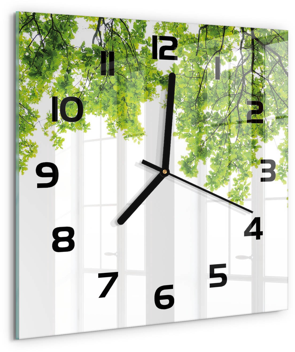 TULUP Wandklok - Eikenbladeren Gekleurde Glazen Klok - 30x30 cm - Groente Glazen Klok Met Print - Zwarte handen - Vierkante Klok - Moderne Wandklok Glas - Wandklok Glas Decoratie