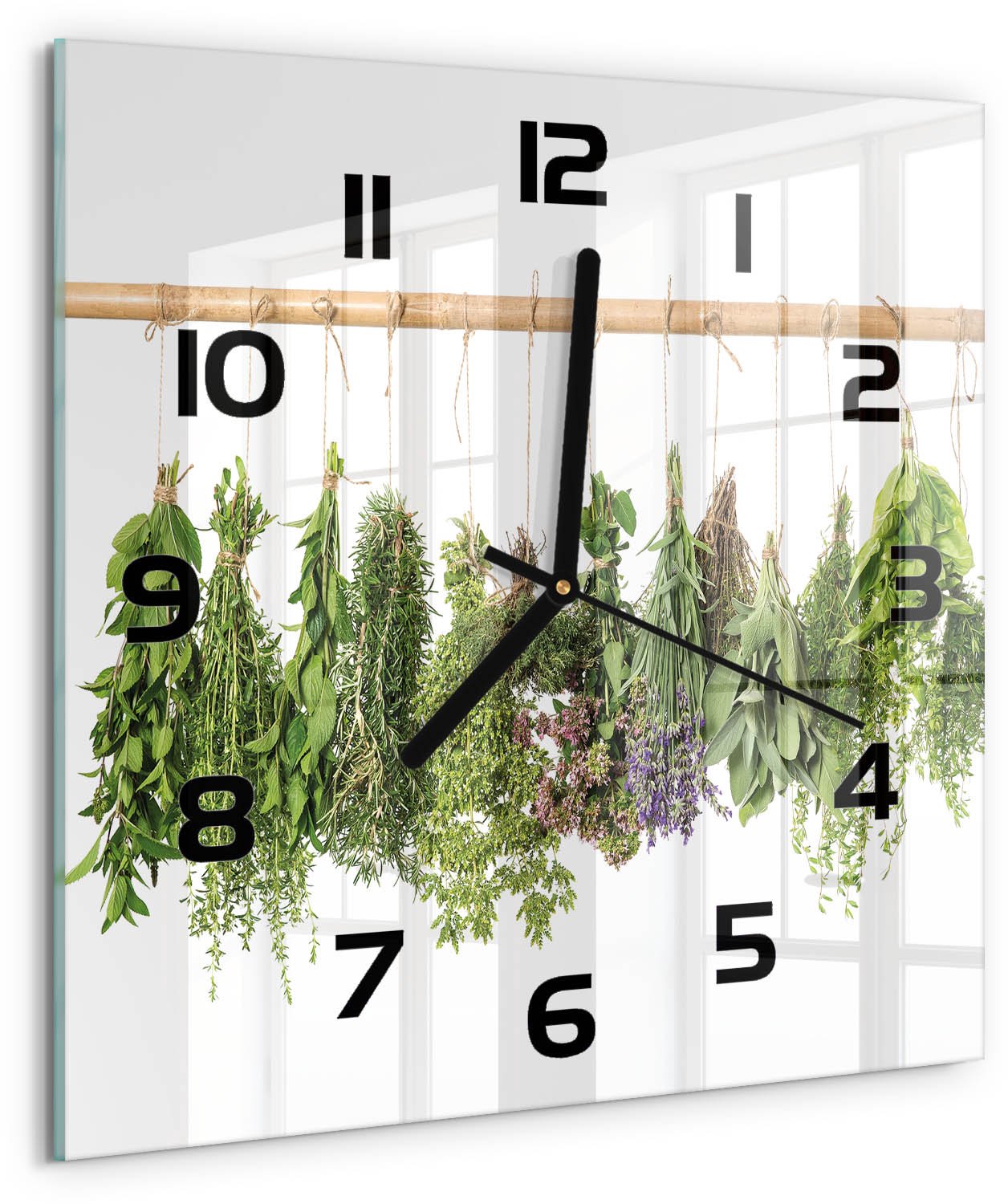 Tulup Wandklok - Kruiden aan een touwtje Wandklok Glas Met Motief - 30x30 cm - Groente Decoratieve Glazen Klok - Zwarte handen - Vierkante Klok - Gekleurde Glazen Klok - Glazen Klok Met Print