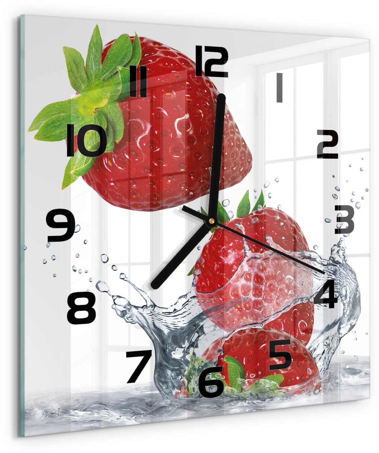 TULUP Wandklok - Aardbeien en water Moderne Wandklok Glas - 30x30 cm - Rood Wandklok Glas Decoratie - Zwarte handen - Vierkante Klok - Glazen Wandklok Design - Klok Glas Met Opdruk