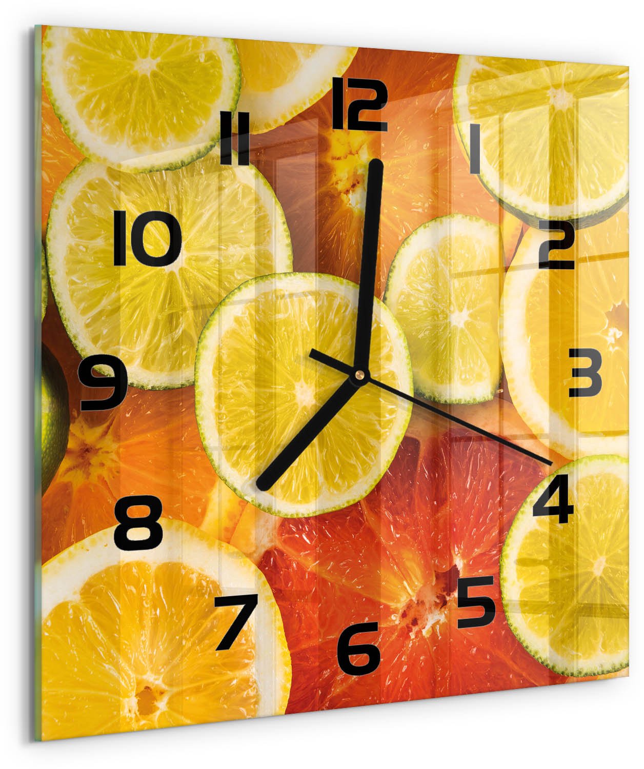 TULUP Wandklok - Citrusvruchten Glazen Wandklok Design - 30x30 cm - Oranje Klok Glas Met Opdruk - Zwarte handen - Vierkante Klok - Wandklok Glas Met Motief - Decoratieve Glazen Klok