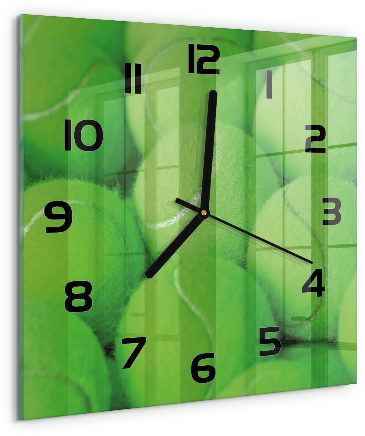 TULUP Wandklok - Tennisballen Wandklok Glas Met Motief - 30x30 cm - Groente Decoratieve Glazen Klok - Zwarte handen - Vierkante Klok - Gekleurde Glazen Klok - Glazen Klok Met Print