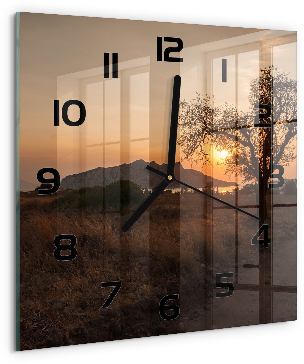 Tulup Wandklok - Zonsondergang Wandklok Glas Met Motief - 30x30 cm - Bruin Decoratieve Glazen Klok - Zwarte handen - Vierkante Klok - Gekleurde Glazen Klok - Glazen Klok Met Print