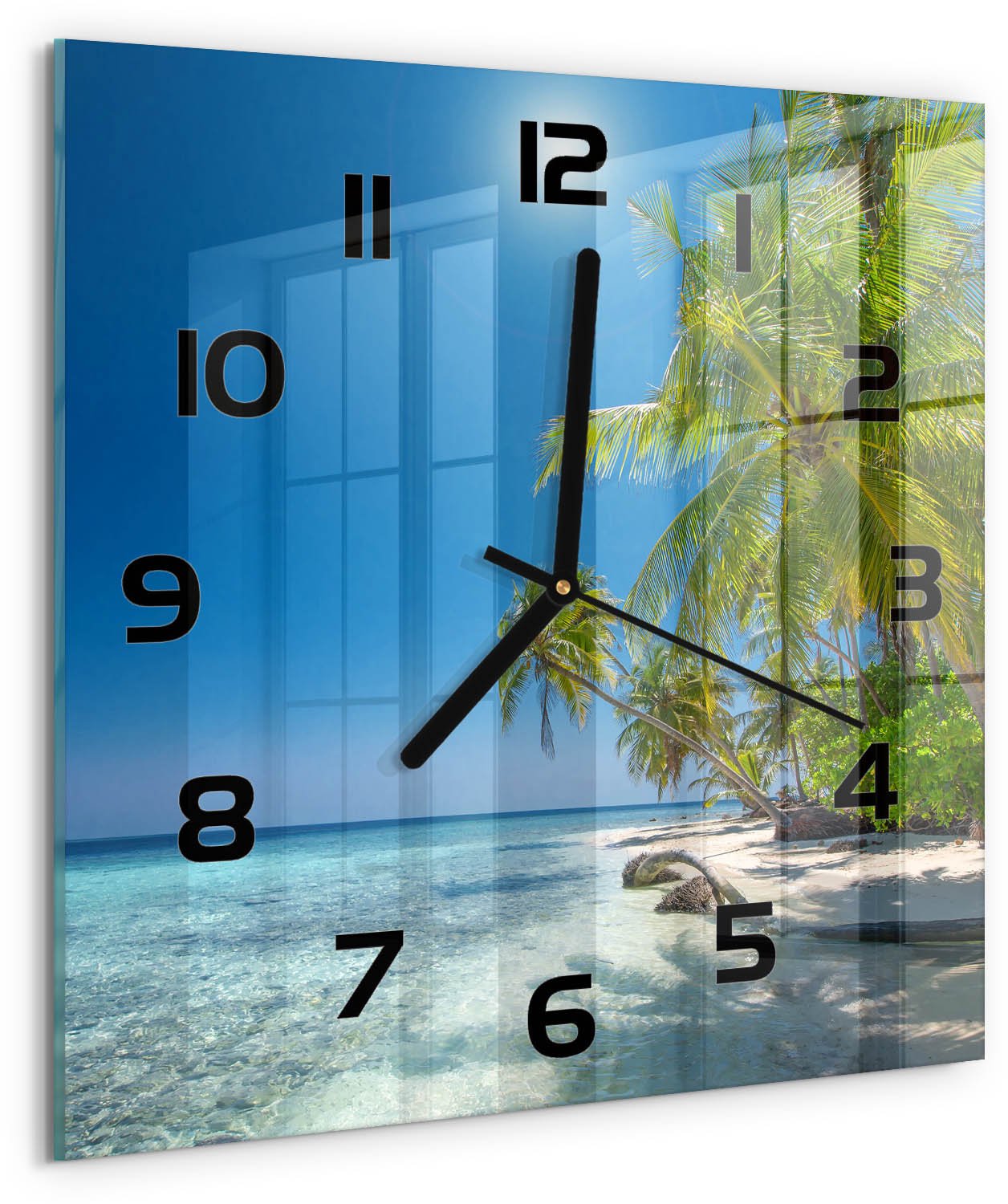 Tulup Wandklok - Strand van de Malediven Gekleurde Glazen Klok - 30x30 cm - Blauw Glazen Klok Met Print - Zwarte handen - Vierkante Klok - Moderne Wandklok Glas - Wandklok Glas Decoratie