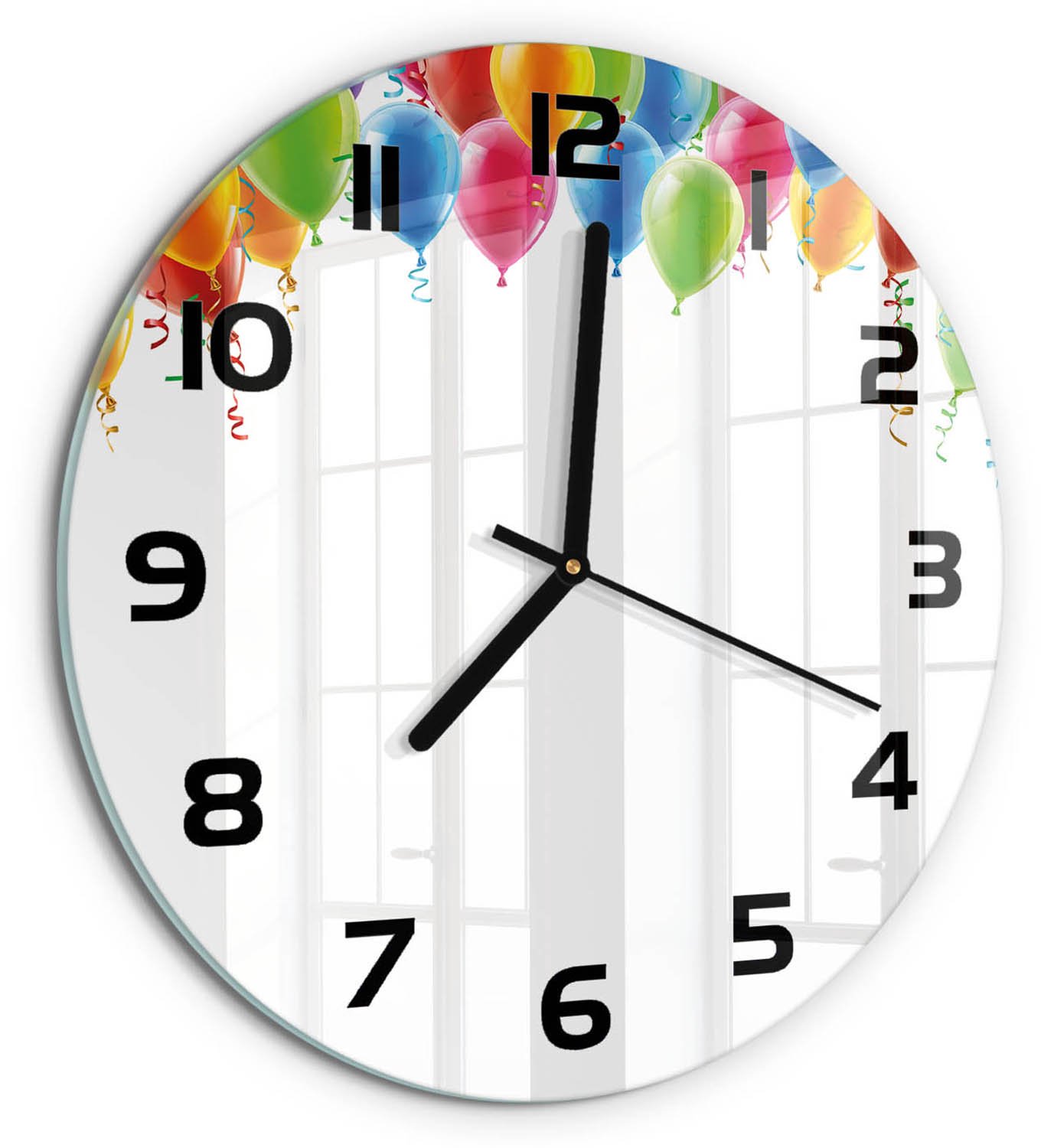 TULUP Wandklok - Kleurrijke ballonnen Klok Glas Met Opdruk - fi30 cm - Veelkleurig Moderne Wandklok Glas - Zwarte handen - Ronde Klok - Decoratieve Glazen Klok - Glazen Wandklok Design
