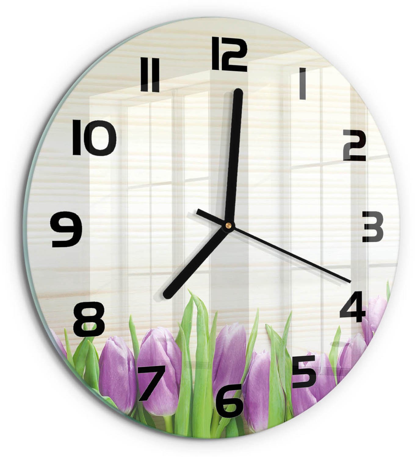 TULUP Wandklok - Paarse tulpen Gekleurde Glazen Klok - fi30 cm - Paars Glazen Klok Met Print - Zwarte handen - Ronde Klok - Moderne Wandklok Glas - Wandklok Glas Decoratie