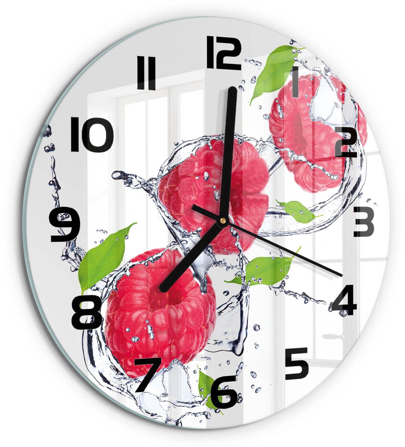 TULUP Wandklok - Framboos en water Glazen Klok Met Print - fi30 cm - Roze Wandklok Glas Met Motief - Zwarte handen - Ronde Klok - Wandklok Glas Decoratie - Gekleurde Glazen Klok