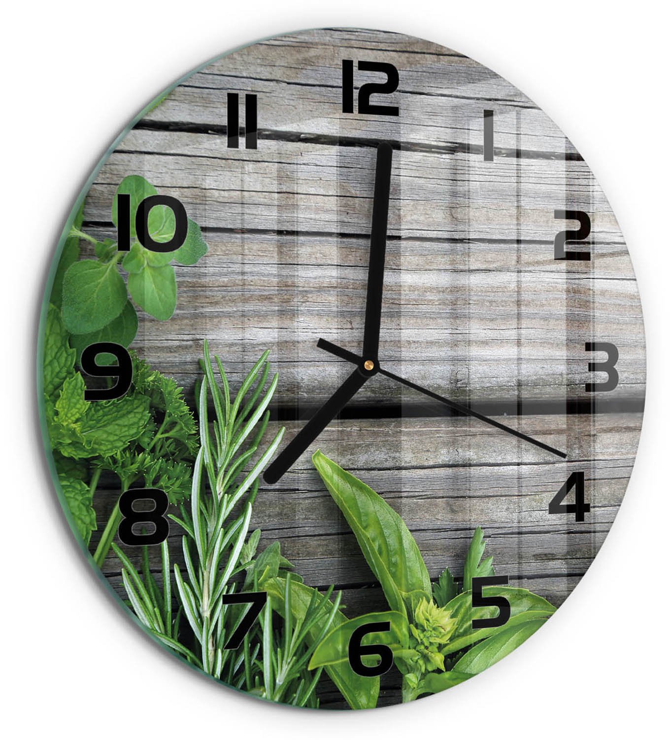 TULUP Wandklok - Houten kruidenachtergrond Moderne Wandklok Glas - fi30 cm - Groente Wandklok Glas Decoratie - Zwarte handen - Ronde Klok - Glazen Wandklok Design - Klok Glas Met Opdruk