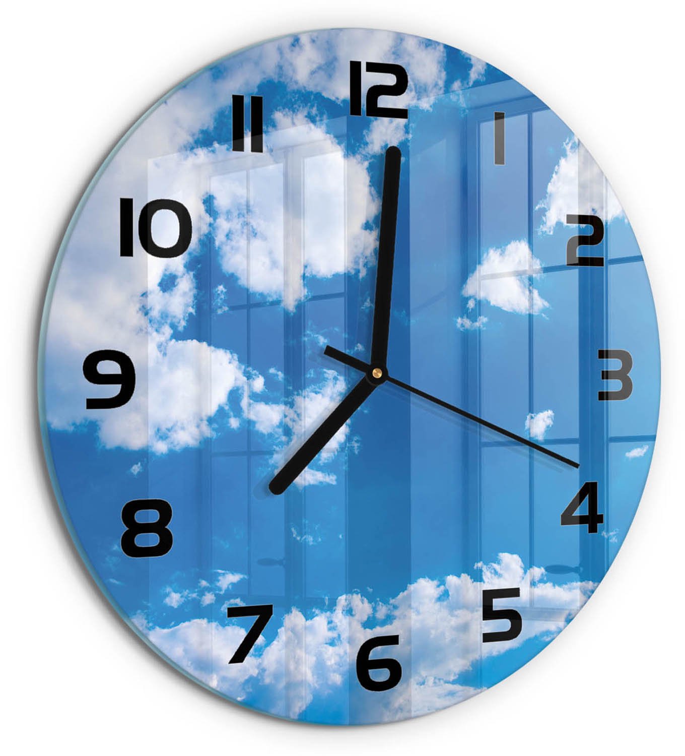 TULUP Wandklok - Wolken aan de hemel Gekleurde Glazen Klok - fi30 cm - Blauw Glazen Klok Met Print - Zwarte handen - Ronde Klok - Moderne Wandklok Glas - Wandklok Glas Decoratie