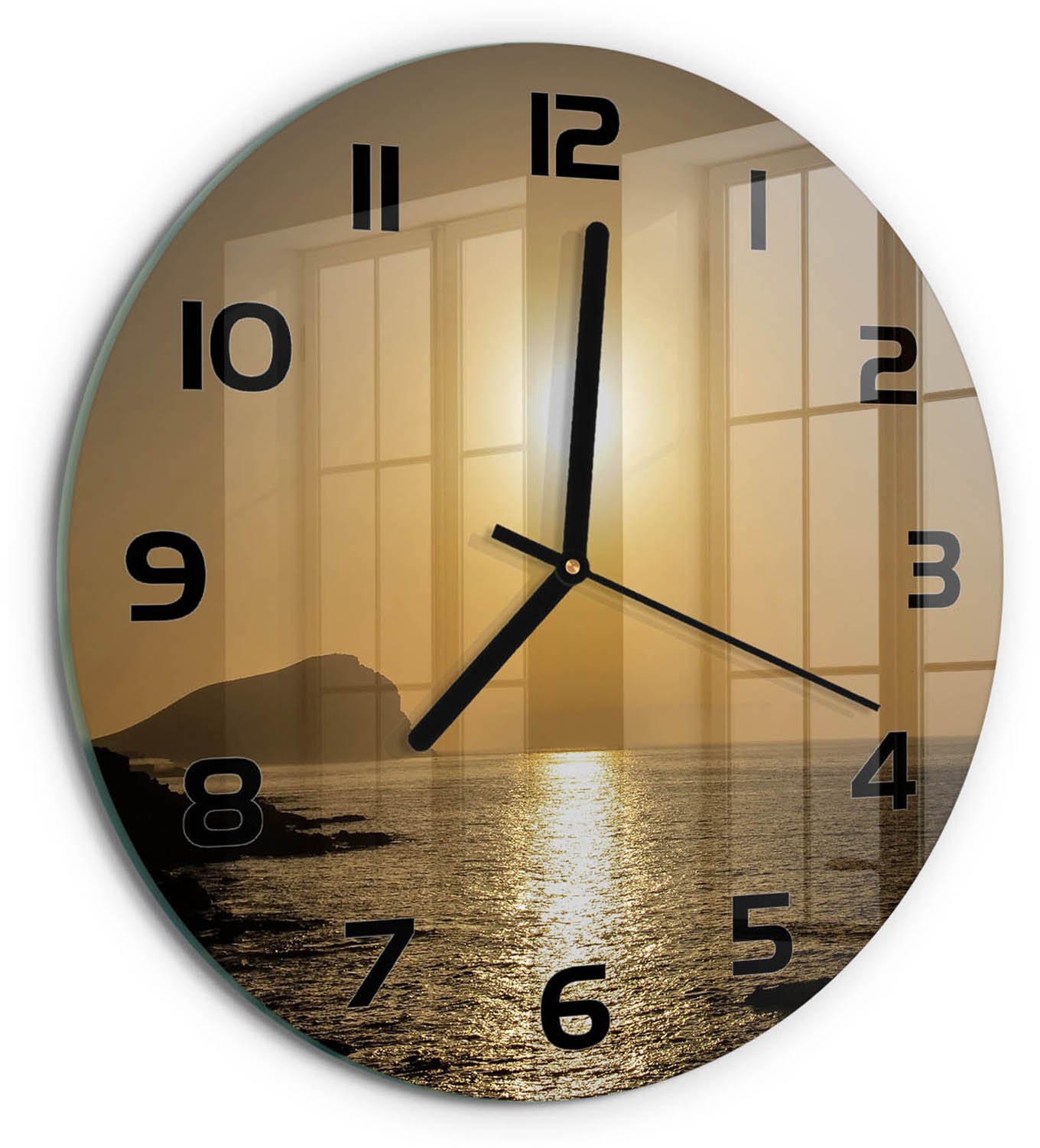 TULUP Wandklok - Zonsondergang Zee Glazen Wandklok Design - fi30 cm - Geel Klok Glas Met Opdruk - Zwarte handen - Ronde Klok - Wandklok Glas Met Motief - Decoratieve Glazen Klok