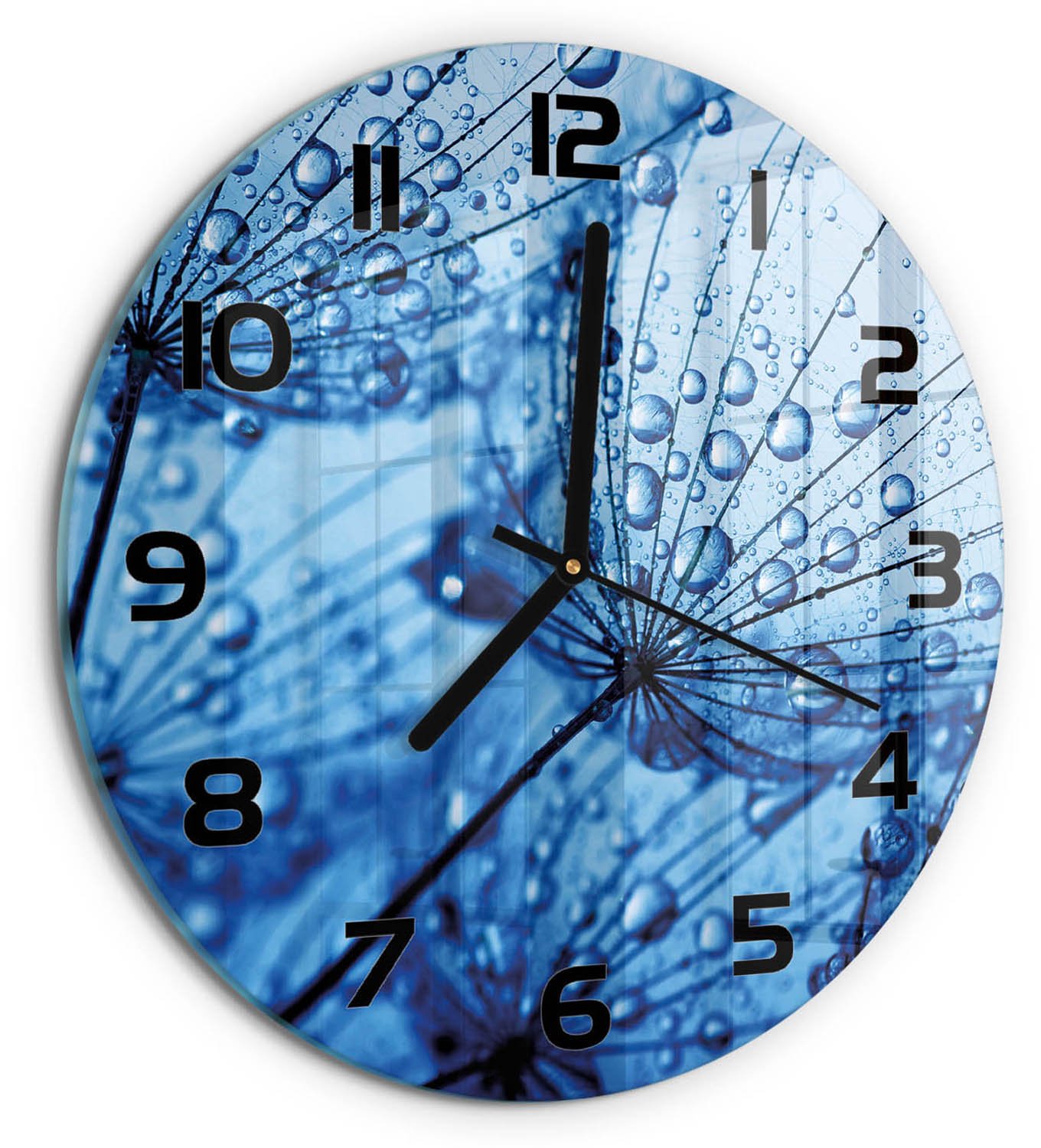 TULUP Wandklok - Paardenbloemzaden Moderne Wandklok Glas - fi30 cm - Blauw Wandklok Glas Decoratie - Zwarte handen - Ronde Klok - Glazen Wandklok Design - Klok Glas Met Opdruk