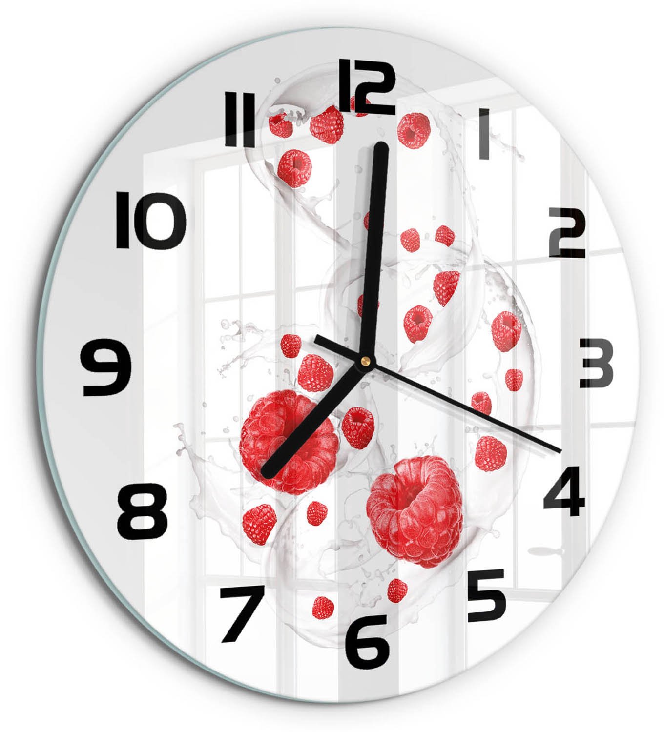 TULUP Wandklok - Frambozen met melk Glazen Wandklok Design - fi30 cm - Rood Klok Glas Met Opdruk - Zwarte handen - Ronde Klok - Wandklok Glas Met Motief - Decoratieve Glazen Klok