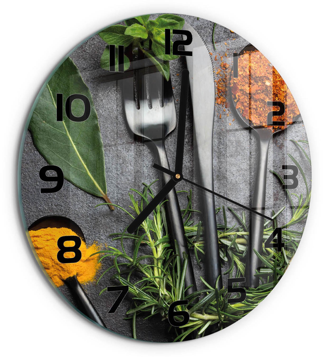 TULUP Wandklok - Bestek en specerijen Decoratieve Glazen Klok - fi30 cm - Veelkleurig Glazen Wandklok Design - Zwarte handen - Ronde Klok - Glazen Klok Met Print - Wandklok Glas Met Motief