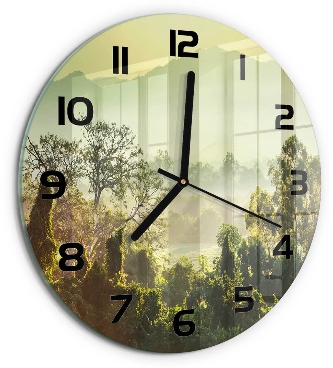 TULUP Wandklok - jungle Decoratieve Glazen Klok - fi30 cm - Groente Glazen Wandklok Design - Zwarte handen - Ronde Klok - Glazen Klok Met Print - Wandklok Glas Met Motief