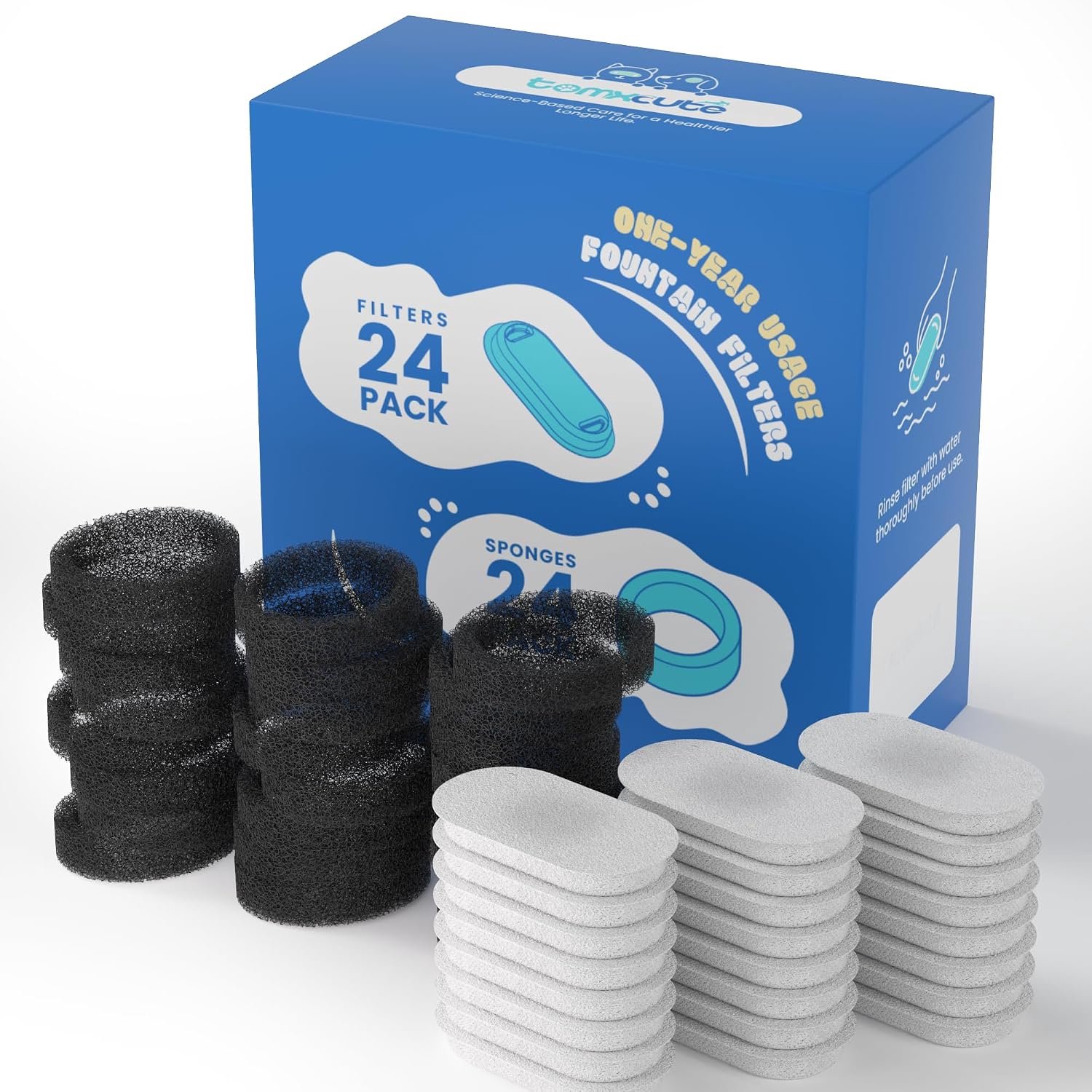 Vervangfilter voor kattenfontein - 24 stuks koolstoffilters - 24 pre-filter sponzen - optimale waterkwaliteit - ShopVlot