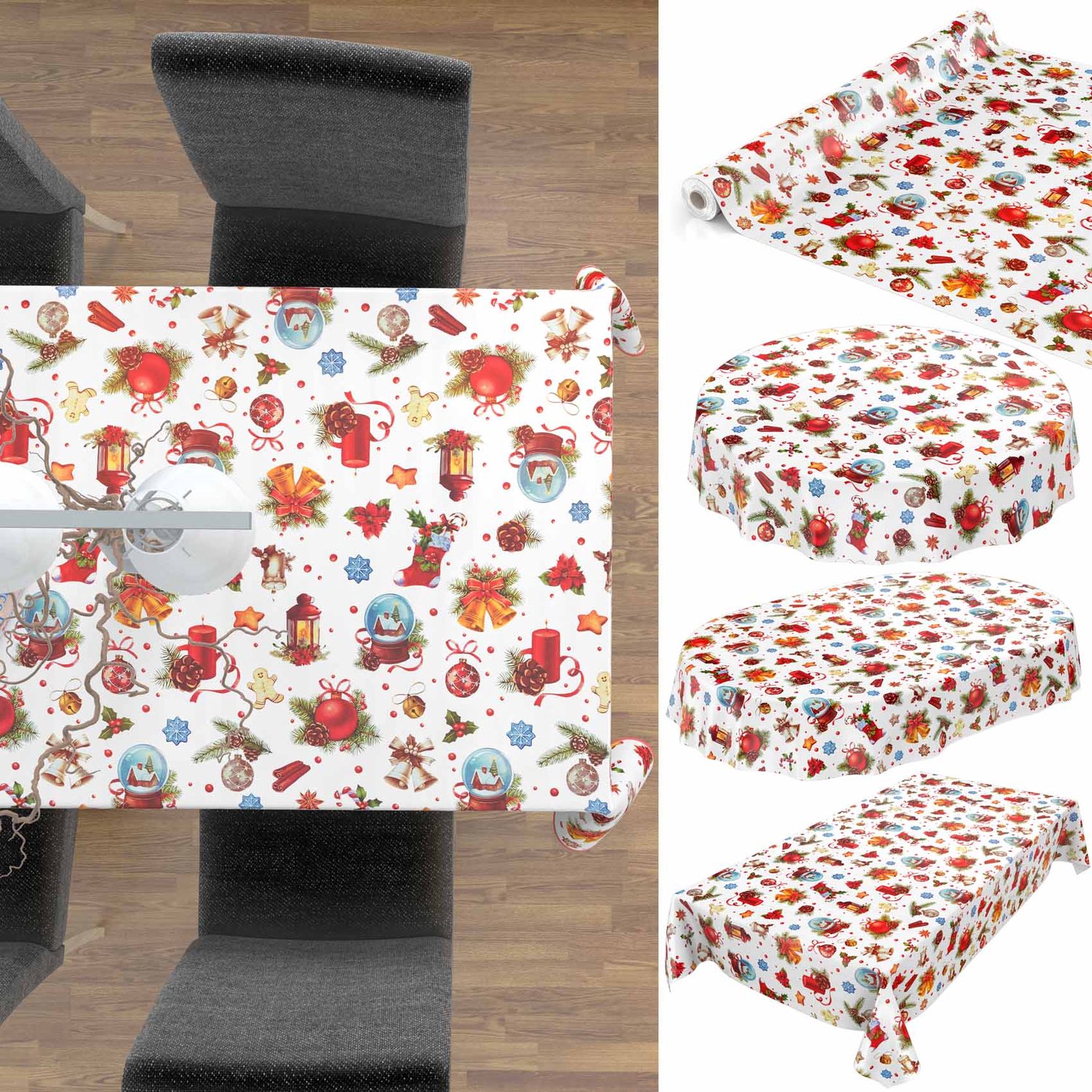 ANRO Tafelzeil op rol Kerstballen Rood-Wit 140cm x 20m – Afwasbaar Tafelkleed Rechte rand