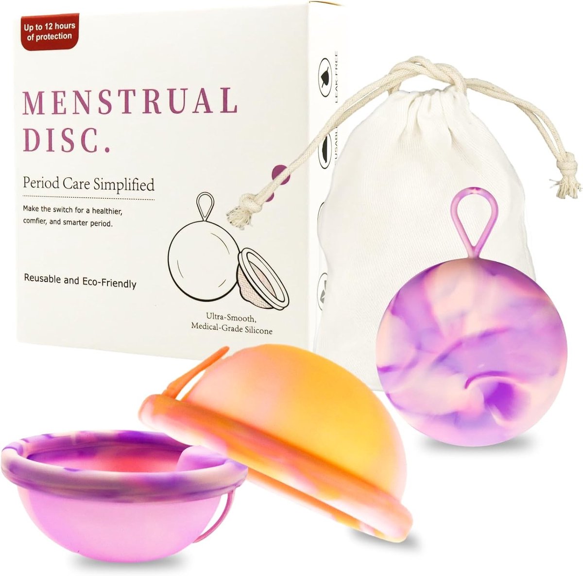 Set van herbruikbare menstruatie discs M en L met siliconen bakdisc, opbergtas en gebruiksaanwijzing, ideaal voor comfort en duurzaamheid tijdens de menstruatie.
