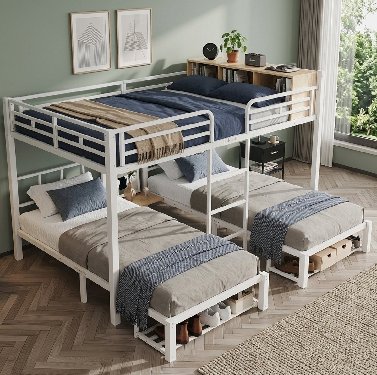 REDOM - Stapelbed voor 3 slaapplaatsen - Open plank en schoenopbergruimte - Metalen frame - Wit en naturel - 239 x 208 x 161 cm