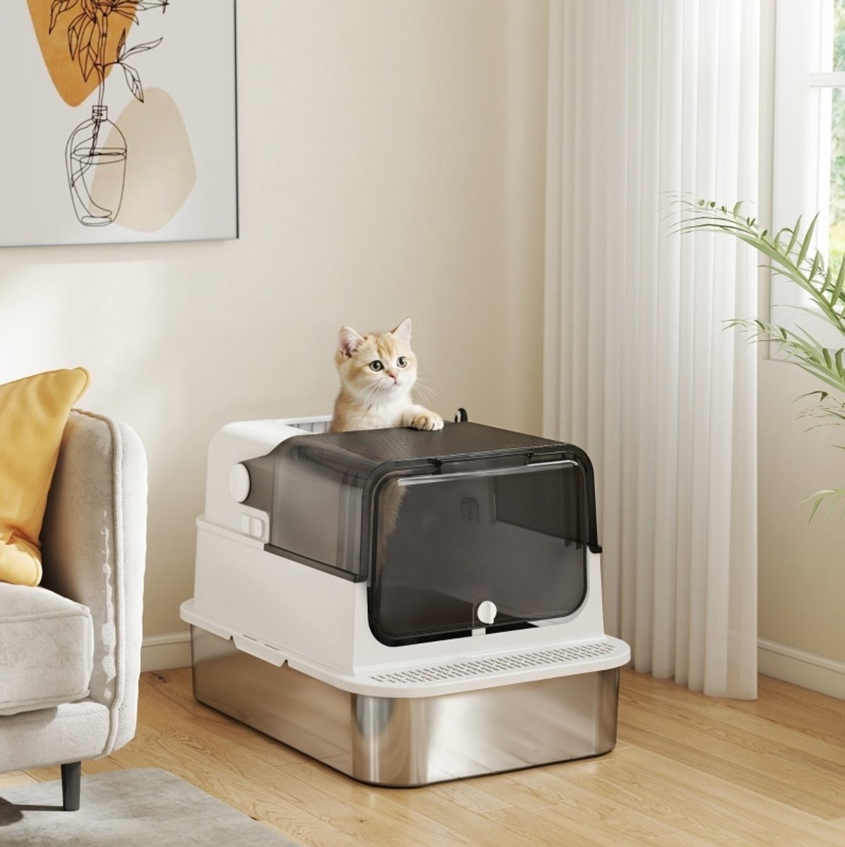 MODENUIT Kattenbak – XXL 70 x 50 x 46,5 cm – RVS – Wit – Met Deksel en Dubbele Ingang – Voor Grote Katten