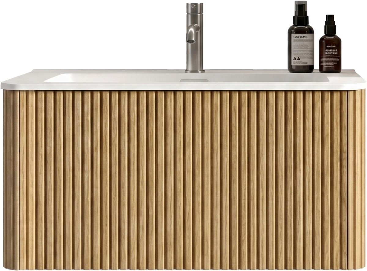 DESMIU Badkamermeubel Met Wastafel – Wandhangend Met Lades En Ribbelstructuur – Voor Kleine Badkamers – Hout – 93,5x55x47 Cm – Eikenkleur