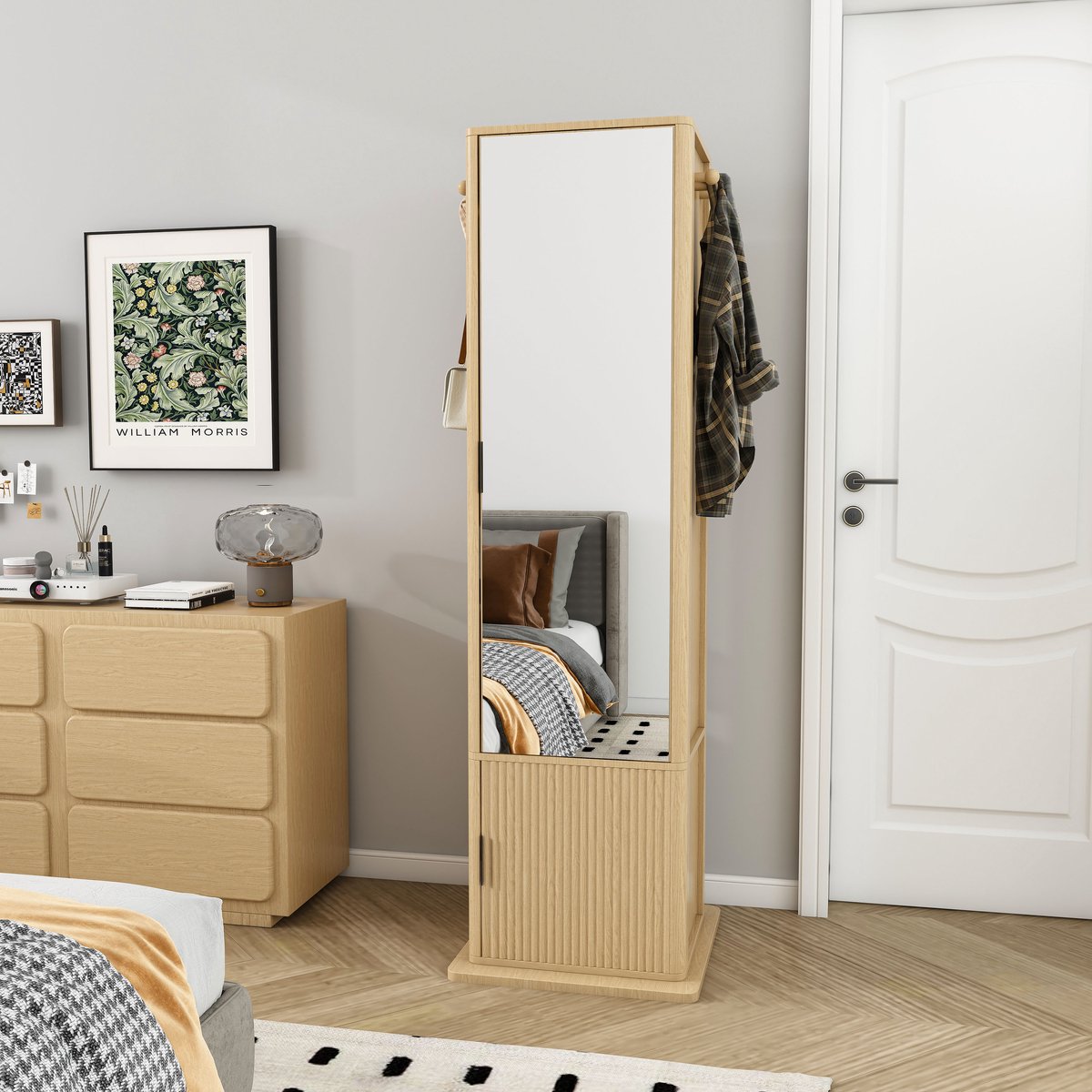 Sieradenkast – 360 Graden Draaibaar – 50 x 50 x 170 cm – MDF en Glas – Naturel Hout – Met Passpiegel
