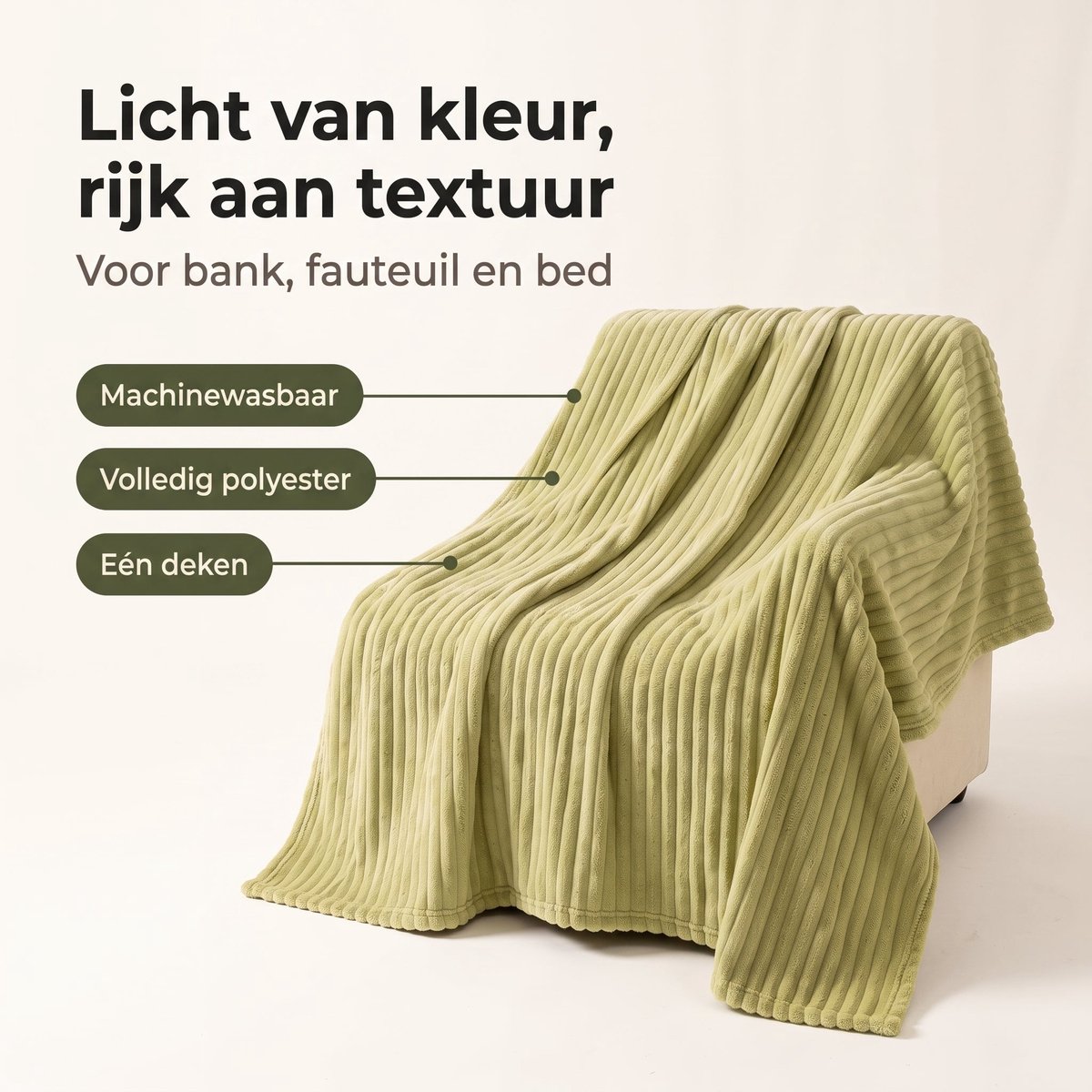 Lomera Fleece Deken - Fleece Plaid - Groene Deken - Woondeken - Bankdeken - Knuffeldeken - Deken voor Bed - Plaid voor Bank - Bedsprei - Zachte Deken - Pistache Groene Plaid - Fleece Plaid met Ribstof