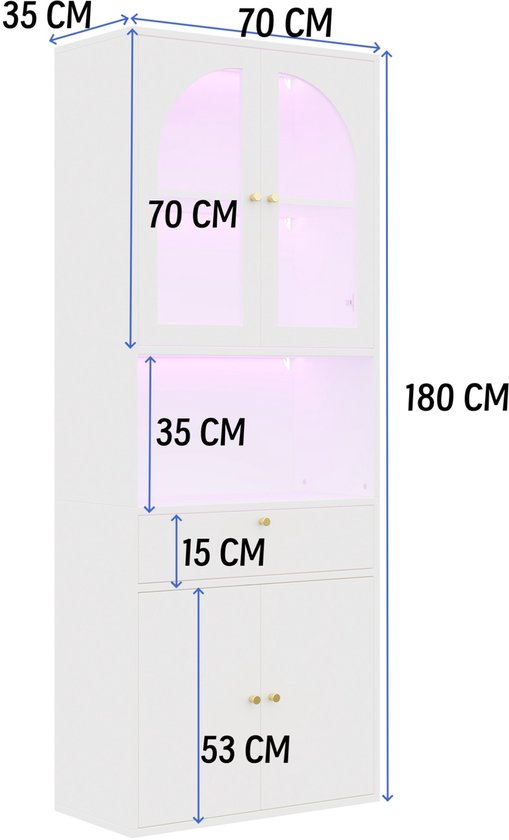 DESMIU Vitrinekast - RGB Ledverlichting Via App - Boogdeuren Voor Woonkamer En Kantoor - MDF En Glas - 70x35x180 Cm - Wit — afbeelding 2