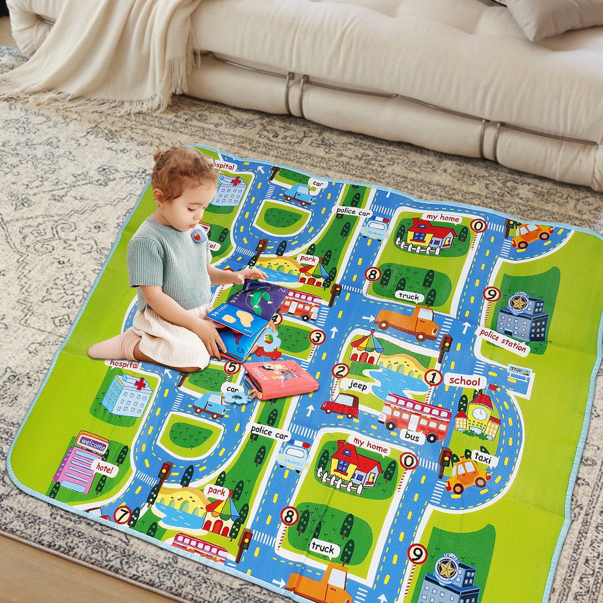 PIPIPOXER Speelmat - Babygym - Speelkleed Baby - Inclusief Speelmat & Zachte Kruipmat met Levendige Auto & Stad Print - Baby - Opvouwbaar - Babyshower -Groen thumbnail 2