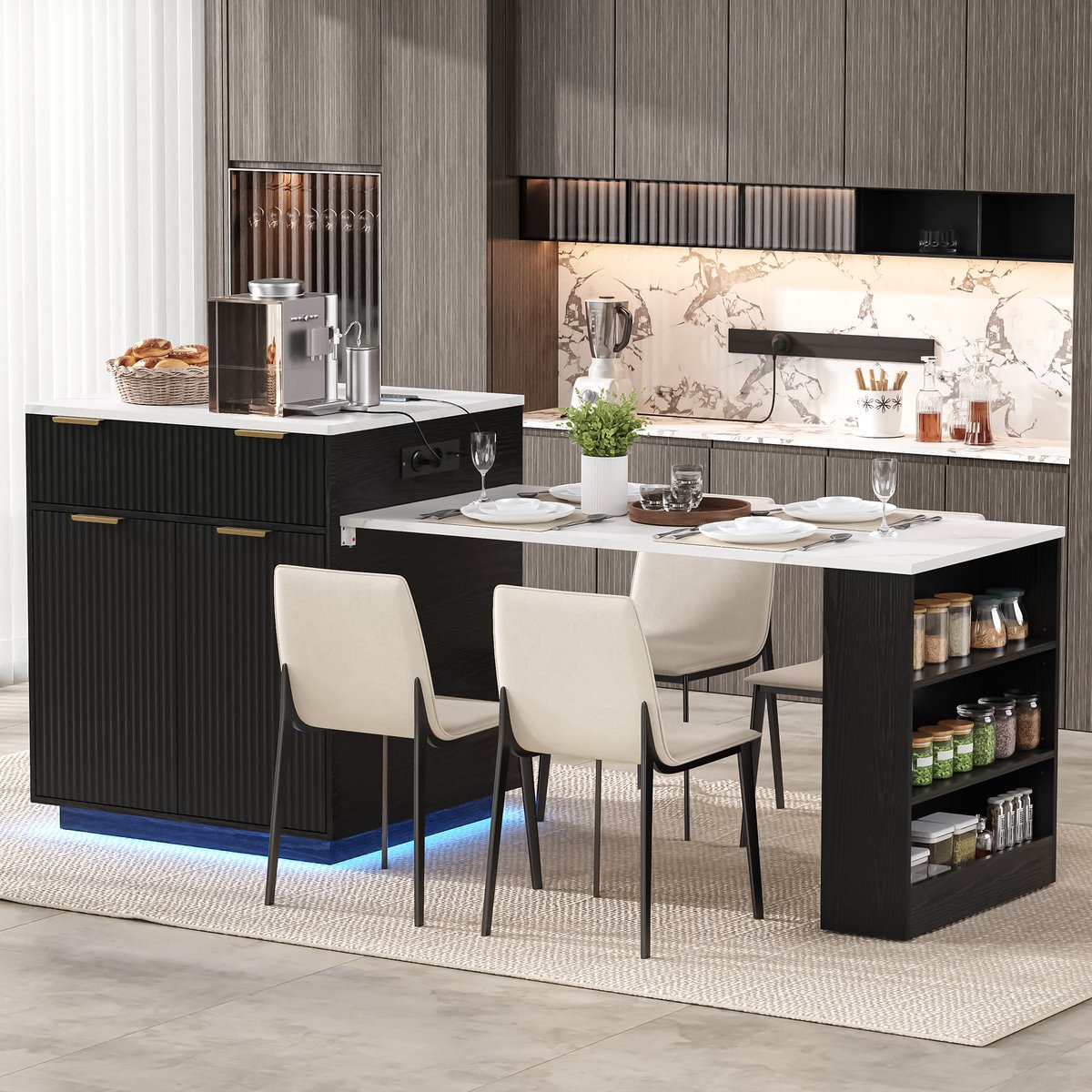 Clruro Keukeneiland - 205x67x92 cm - Verrijdbaar - LED, Laden en Verstelbare Planken - MDF - Zwart