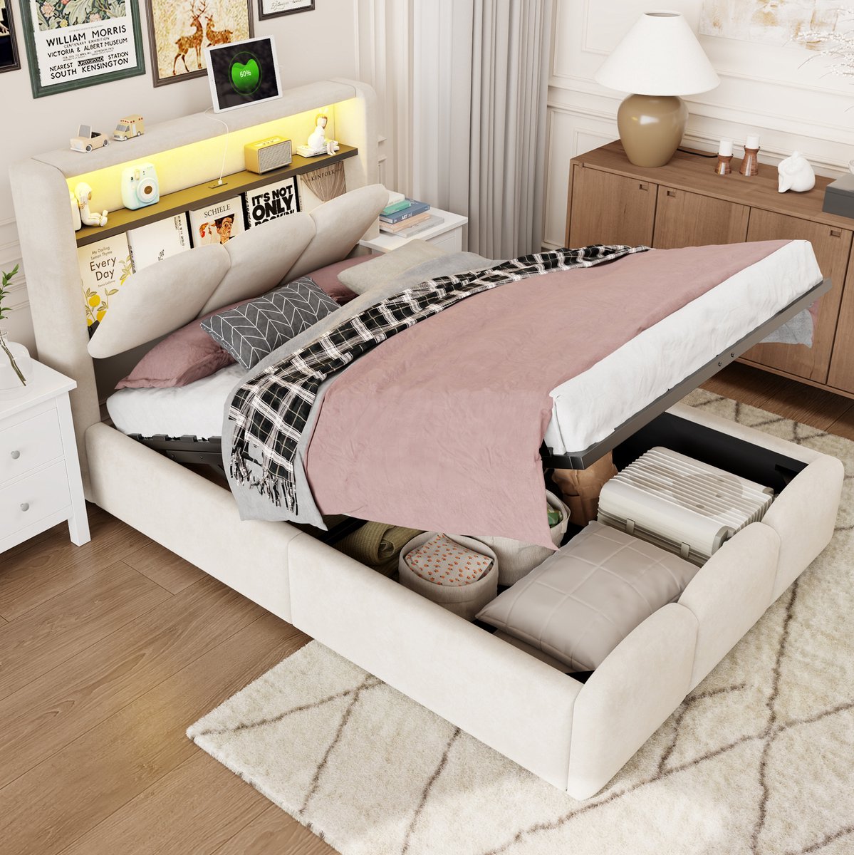 REDOM - Eenpersoonsbed met hydraulische opbergruimte - Fluwelen bekleding - USB en Type-C - LED-verlichting - Beige - 90 x 200 cm