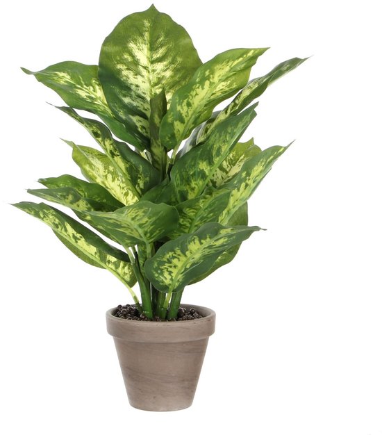 Plante artificielle Dieffenbachia dans un pot gris, verte avec des taches vert clair.