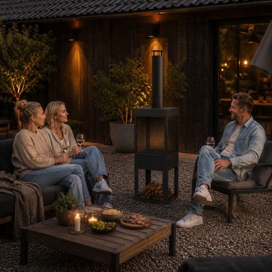 Zwarte staande buitenhaard met schoorsteen en vakken voor brandhout. Mensen zitten op een lounge set op terras.