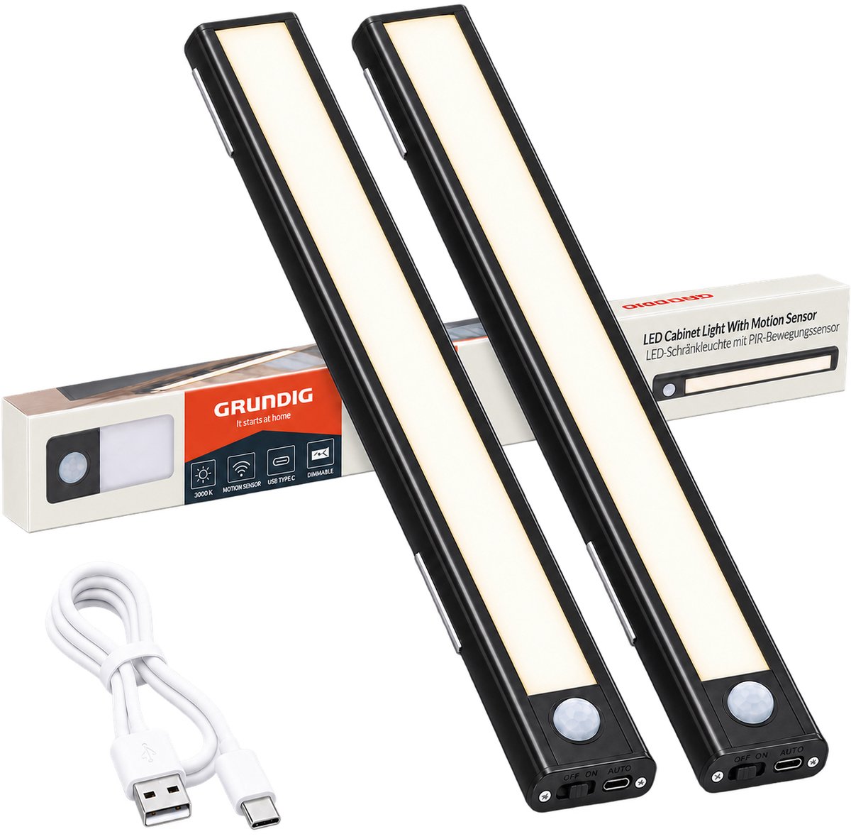 Grundig Kastverlichting LED met Bewegingssensor en Magnetische Bevestiging - Draadloos - Oplaadbaar USB-C - 48 LED - Zwart