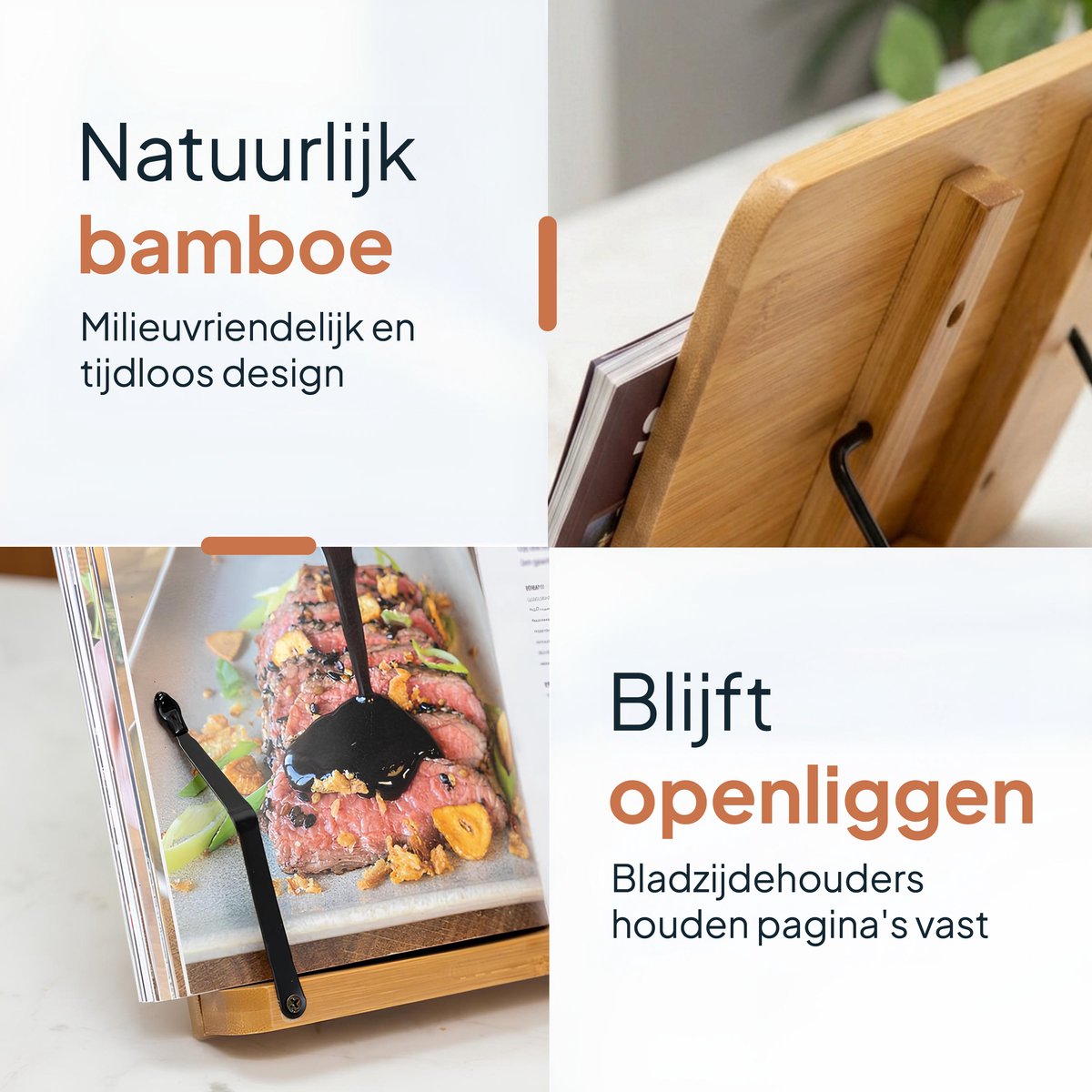 Kookboek en tablet standaard - Verstelbaar met klemmen - Boeken - Steun - Standaard - Rek - Houder - Book - Steunen - Metaal - Hout - Bamboe - Lees - Rekje - Luft — cadeau in Kookcadeaus - foto 2