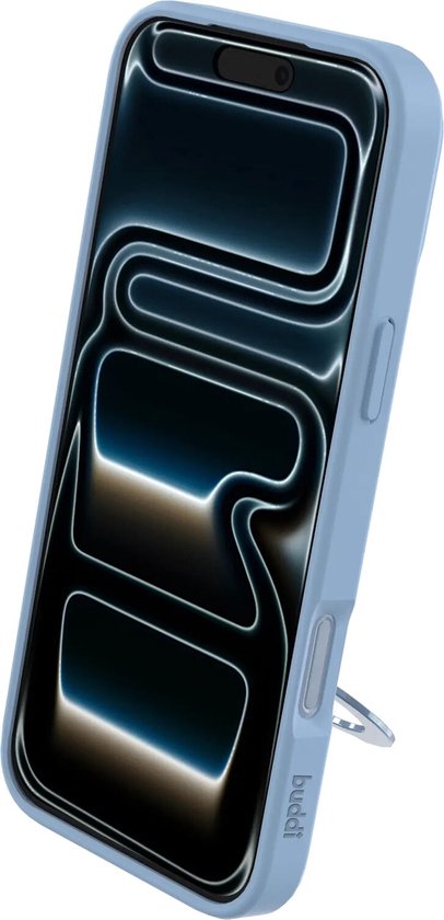 Lichtblauwe telefoonhoes met een ringstandaard. De telefoon is in de hoes geplaatst, met het scherm aan.