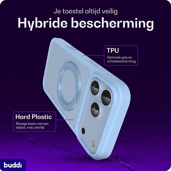 Lichtblauwe telefoonhoes met een mat grijze achterkant. De hoes is gemaakt van TPU en hard plastic voor hybride bescherming.