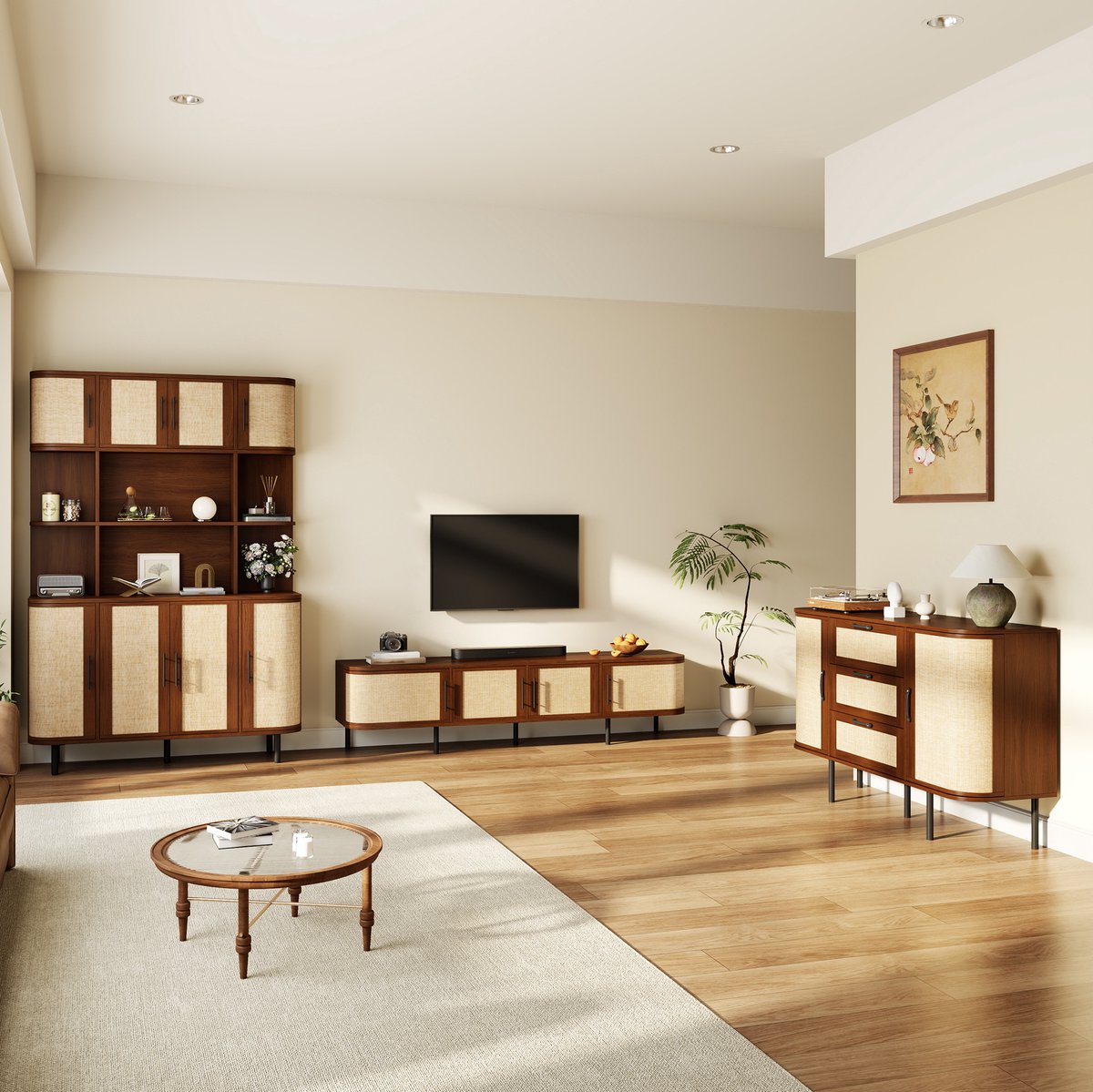 REDOM - Meubelset met tv-lowboard sideboard en hoge kast - MDF - Gevlochten fronten - Zwarte handgrepen - Metalen poten - Walnootkleur