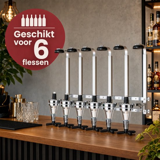 Drankdispenser van chroom en aluminium voor 6 flessen, geschikt voor 6 flessen.