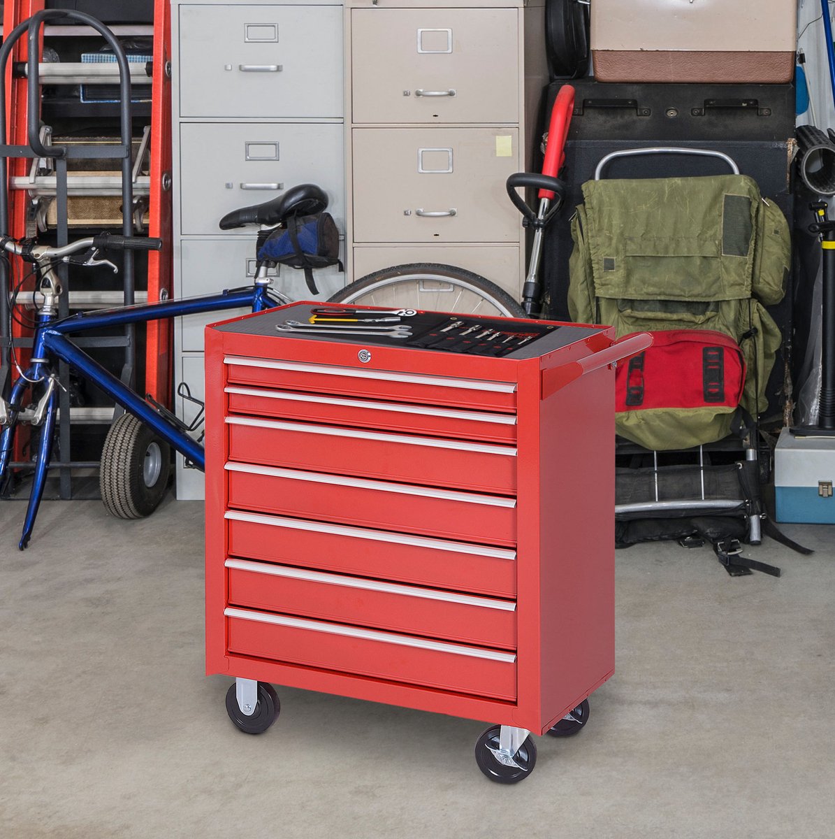 MODFU - Gereedschapswagen - 7 Lades - Afsluitbaar - Met Wielen - Staal - Rood