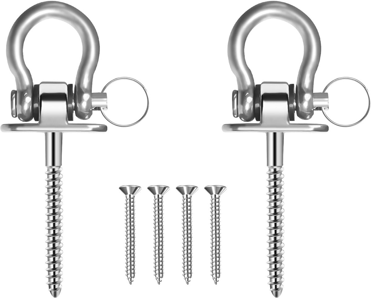 Schommelhaken - Zwaar belastbaar 180° draaibaar - 304 RVS - Voor houten balken en plafondmontage - Geschikt voor schommels, hangmatten, yogadoeken en bokszakken - Set van 2 stuks - 500 kg draagvermogen