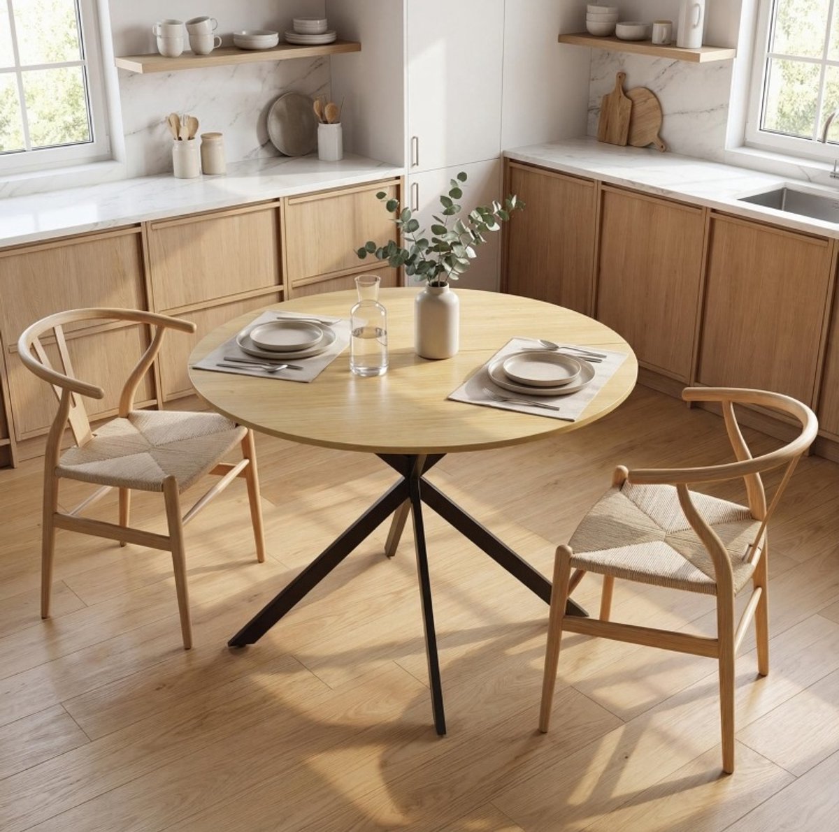 MIVRAY Ronde Eettafel - Industriële Stijl Met Zwarte X Poten - Voor Keuken En Eetkamer - Hout En Metaal - 100 x 100 x 75 Cm - Eikenkleur