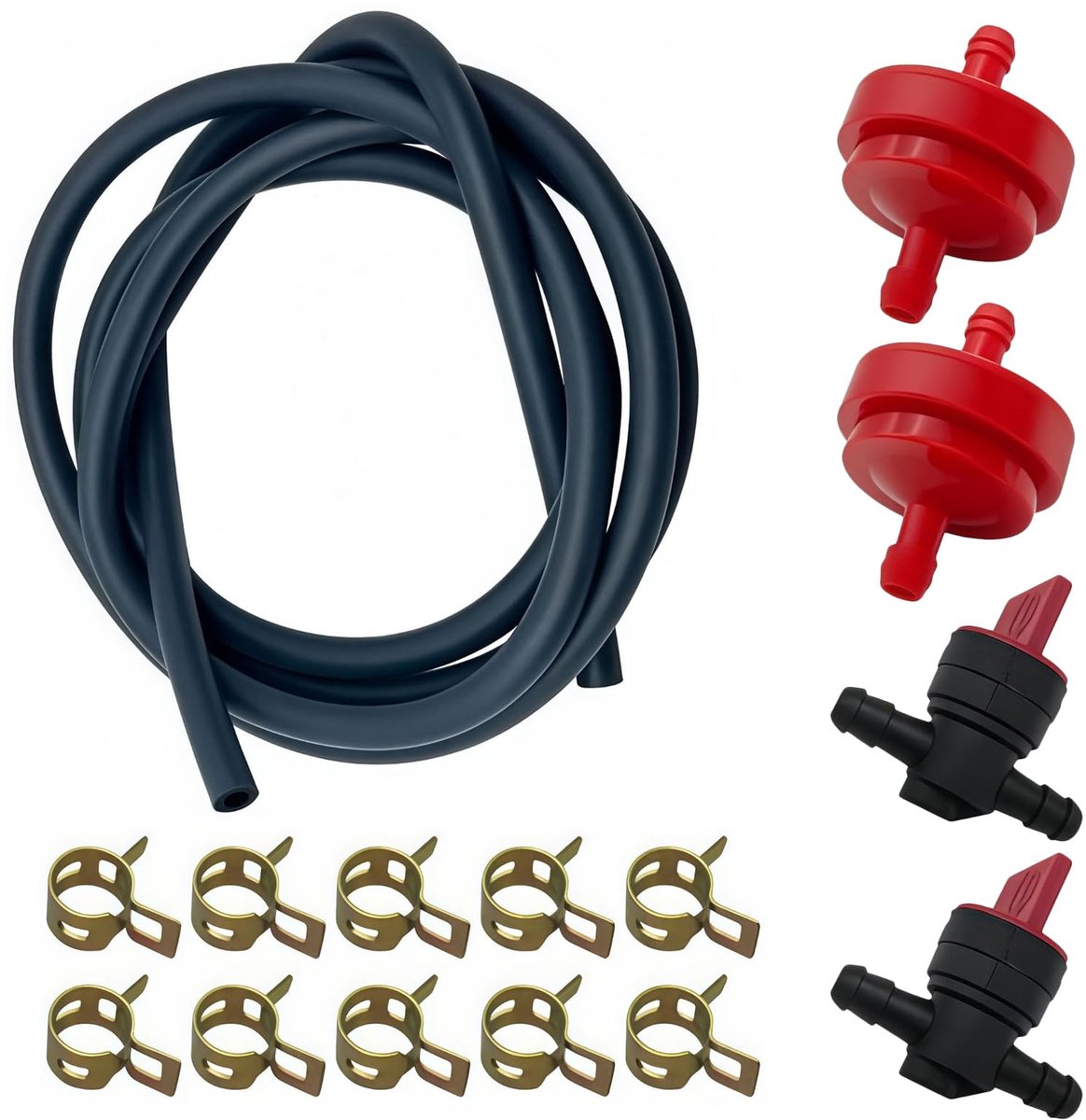 Benzineslang Set - 6 mm - 2 meter - 1/4 inch rubberen slang - Met 2 kranen, 2 filters en 10 klemmen - Voor grasmaaiers en kleine motoren