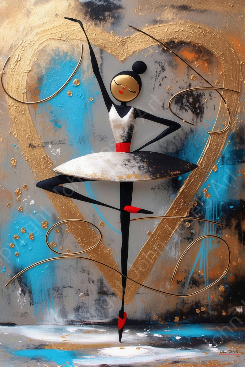 John Joseb Art (Aluminium) 60x40 | Ballerina danseres, abstract, Kandinsky stijl, kunst, ballet, kleurrijk, dansen, dans, blauw, rood, goud, bruin, modern | foto-schilderij op dibond, metaal wanddecoratie