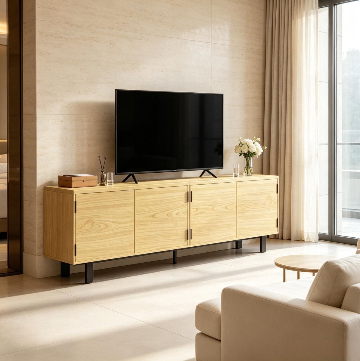 REDOM - TV-meubel - 4 drukdeuren - Gesloten opbergruimte met zijplanken - Metalen poten - Woonkamer - Spaanplaat - Natuurlijk - 180 x 35 x 55,5 cm