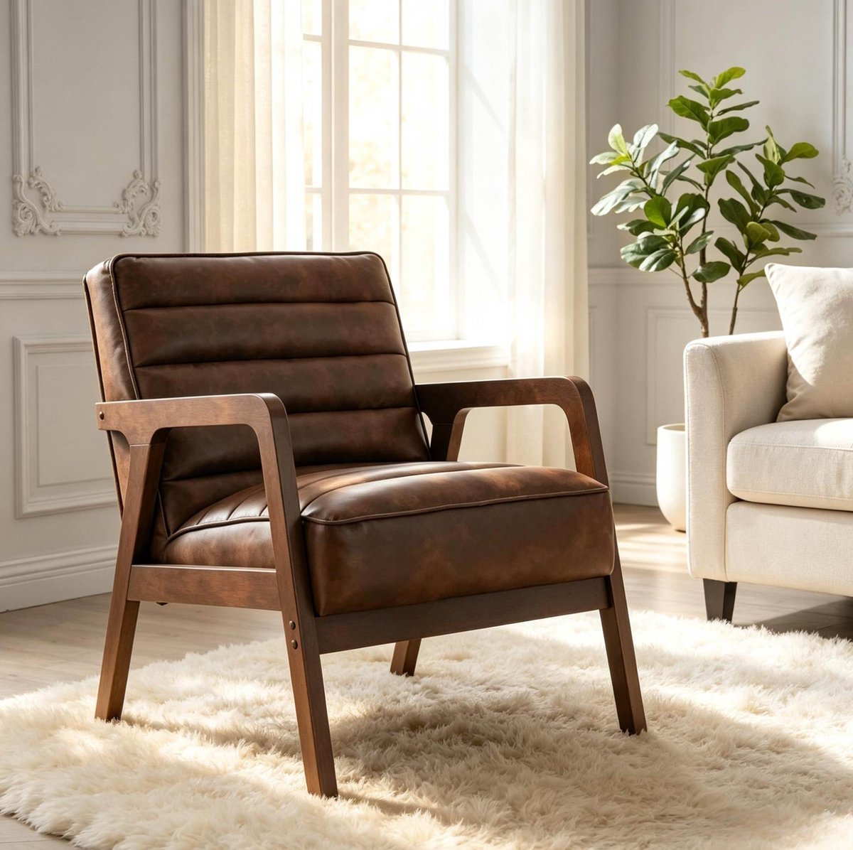 REDOM - Fauteuil - PU bekleding - Gewatteerde zitting met S-veren - Hoge rugleuning en armleuningen - Retro vintage - Woonkamer - Hout - Bruin - 64 x 86 x 79 cm