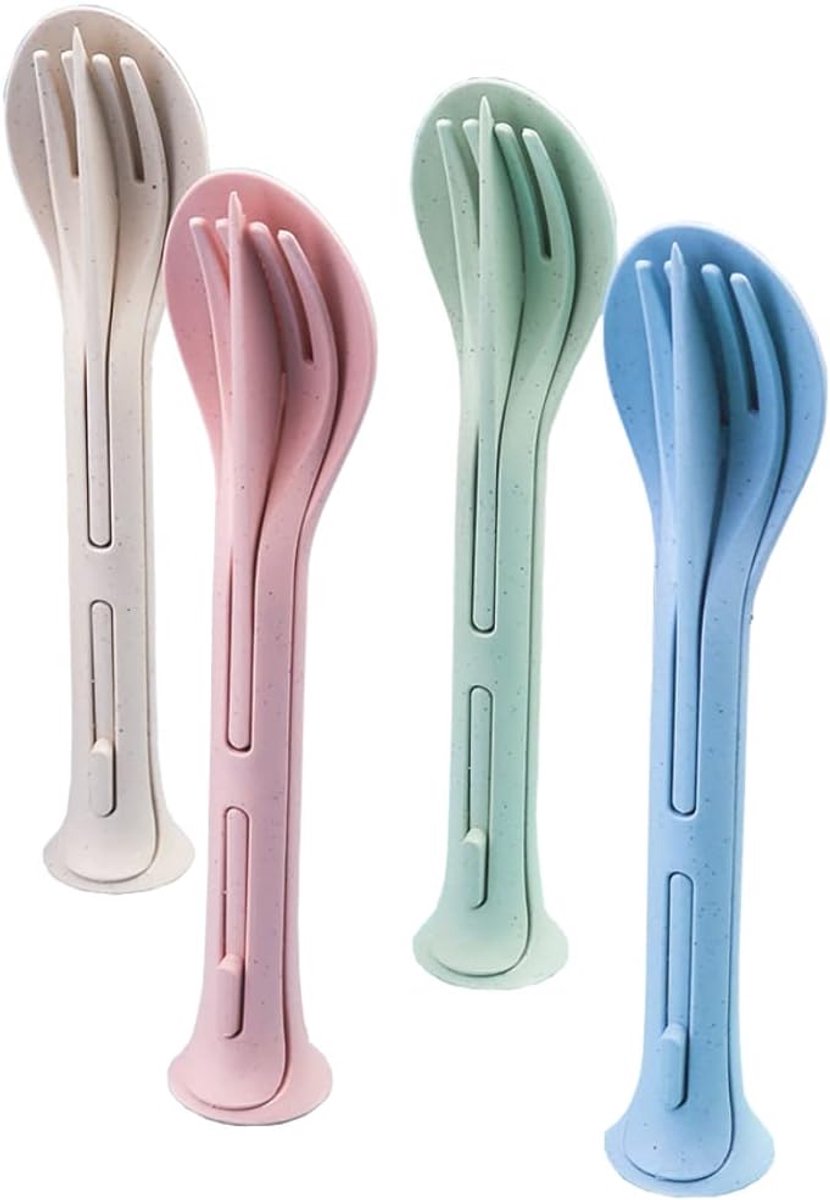 Combineerbare reisbestekset, milieuvriendelijke bestekset van tarwestro, draagbare en herbruikbare set met lepel, vork en mes – bestekset voor buiten, meerkleurig, 4 sets