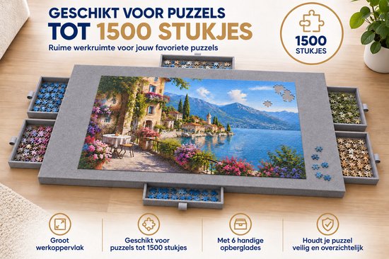 Grijze puzzelmat met een landschap met gebouwen en bloemen, en 6 lades met puzzelstukjes.