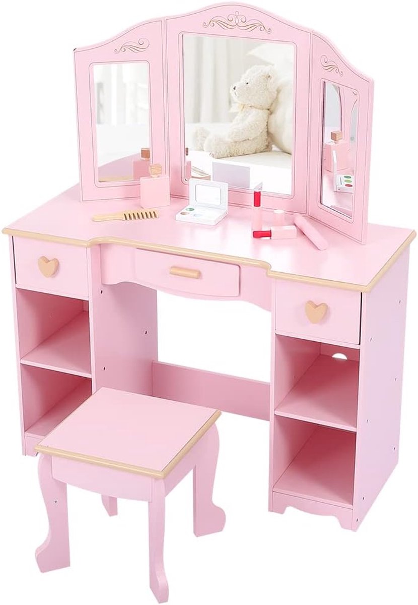 HOERFURIY Houten Kinderkaptafel met 3-Delige Spiegel & Krukje - Make-up Tafel 3-9 Jaar met 3 Lades - Roze