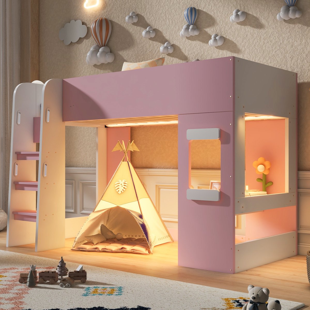 FloraGrace Hoogslaper 90 x 200 cm – Met Bureau, Verlichting, Veiligheidshek En Ladder – Voor Kinderen – MDF – Roze/Wit – Zonder Matras